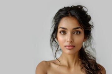 Fototapeta premium Captivating portrait of a young Indian woman with lush curls and nude makeup