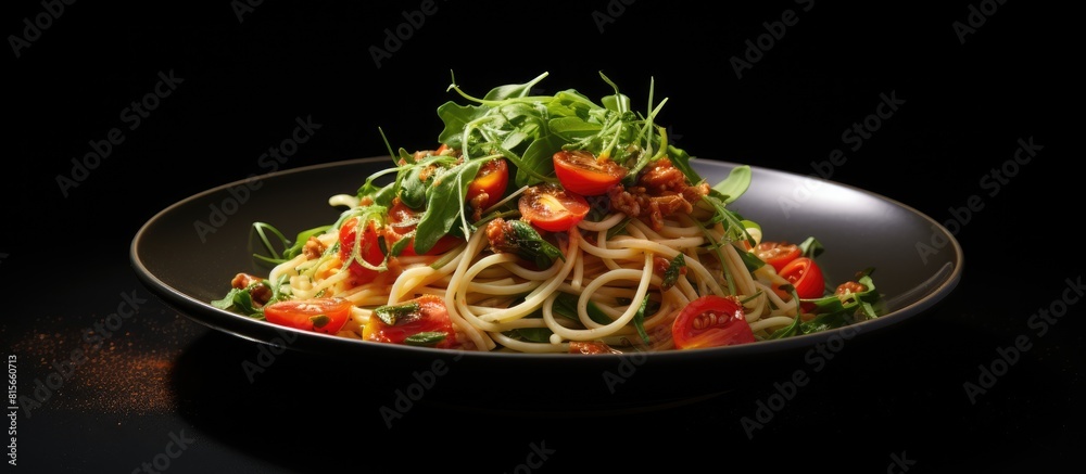 Poster chilli tomatoes arugula spaghetti and parsley on a black background. copy space available