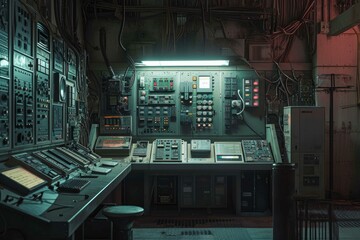 Dimly lit vintage control room filled with analog electronic devices and panels