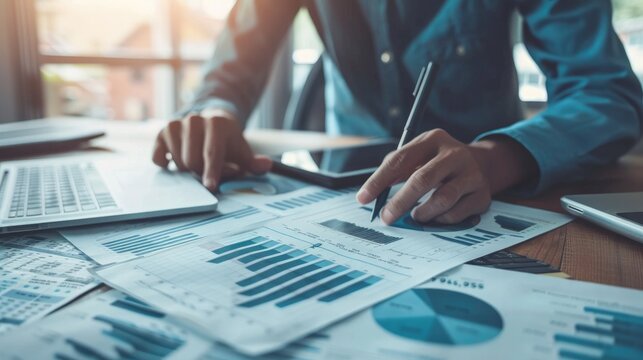 A manager reviews financial reports and forecasts on a smart business platform, analyzing data and making strategic decisions to drive profitability and growth.