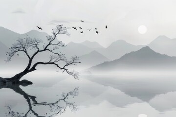 A Japanese watercolor painting of mountains and their reflections. An expertly handcrafted painting to have in your workspace.