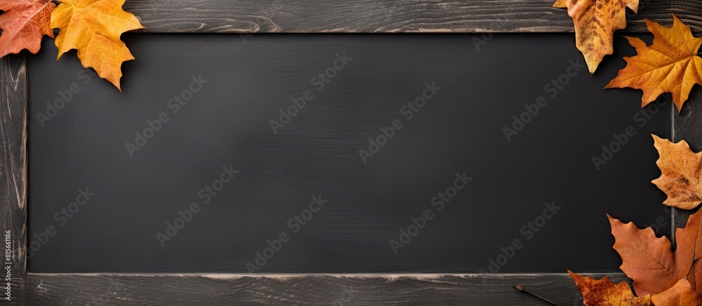 Aufkleber an autumnal background image with copy space showcasing half dried leaves on an empty blackboard