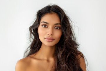 Naklejka premium Radiant young woman with voluminous hair and perfect skin on a white background