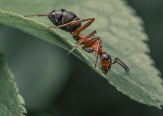 Carpenter ant crawling across a green leaf in a forest environment