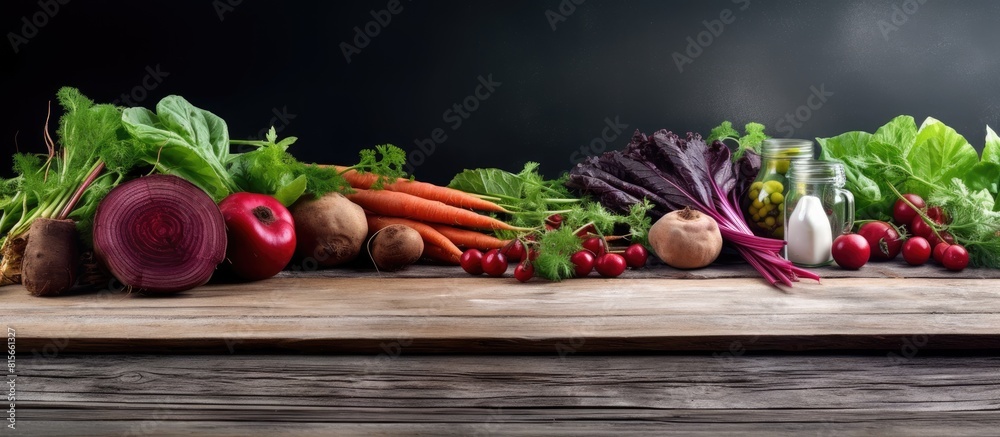 Poster fresh beet juice and raw vegetable on grey wooden table space for text. copy space available