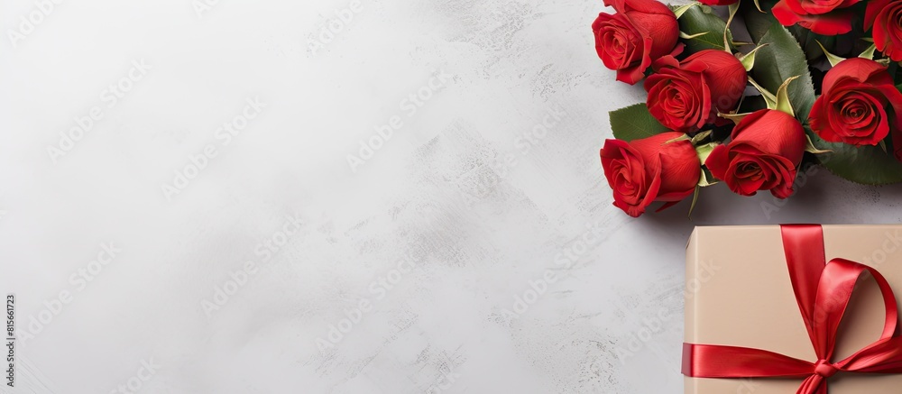 Poster red roses flower and present box on light background top view with copy space