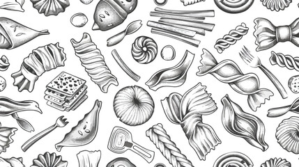 Seamless pattern with various types office raw pasta han