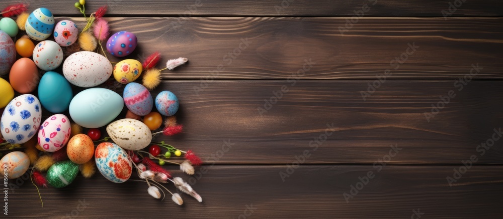 Poster easter greeting card with colorful eggs top view on wooden table with space for your greetings. copy