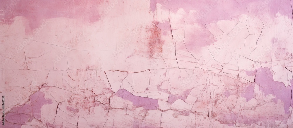 Aufkleber an aged light pink concrete wall with numerous small cracks provides a vintage background in need of