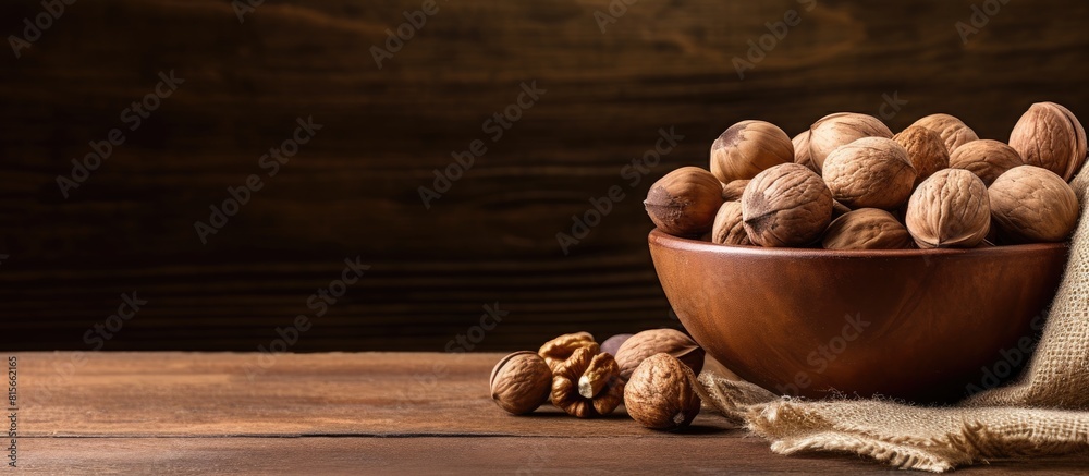 Aufkleber macadamia nuts in the craft package and peeled walnuts in the brown bowl on wooden table close up. c