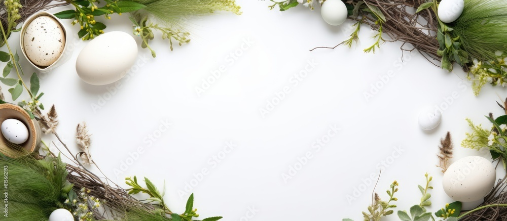 Poster frame with plants invitation card with environment and quail eggs easter eggs ribbons and nest on white background. copy space available