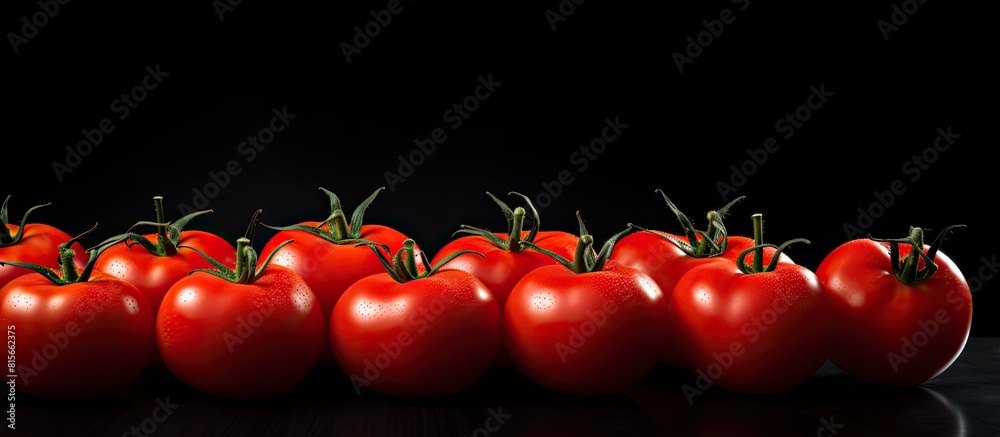 Poster tomatoes on a black background top view copy space