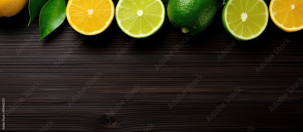 Poster lime lemon wooden on black background free space for text top view. copy space available