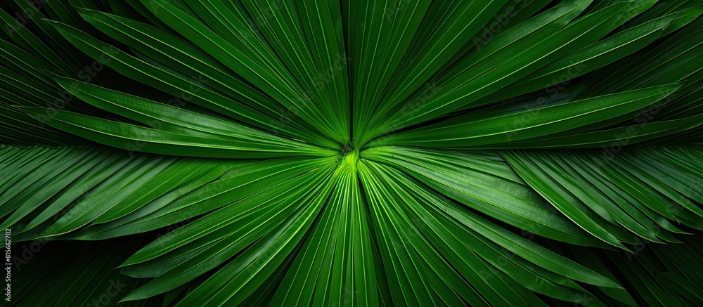 Poster Crown of palm top view background View of the palm tree from top to bottom Green coconut tree with large leaves copy space