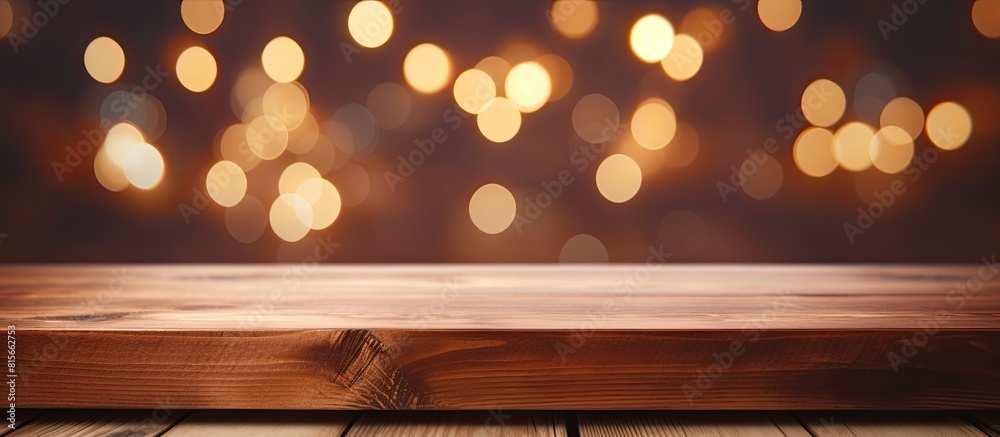 Fototapete the background is an empty wooden board and a wall of blurred bokeh lights for product demonstration