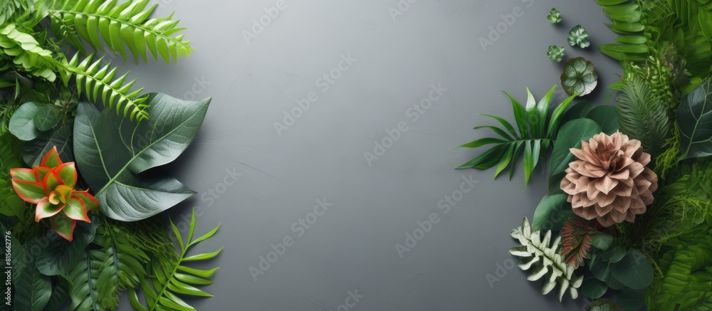Poster beautiful flower pots and leaves arranged on a copy space cement background seen from a top view