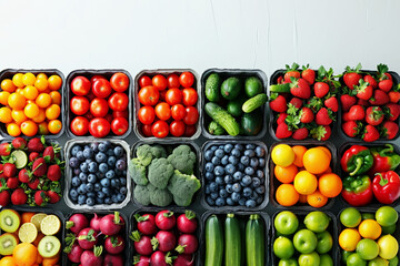 Wide frame of various colorful fruits and vegetables, great for food and health themes.