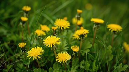 Obraz premium Many small yellow dandelions growing in the wild meadow alongside grass