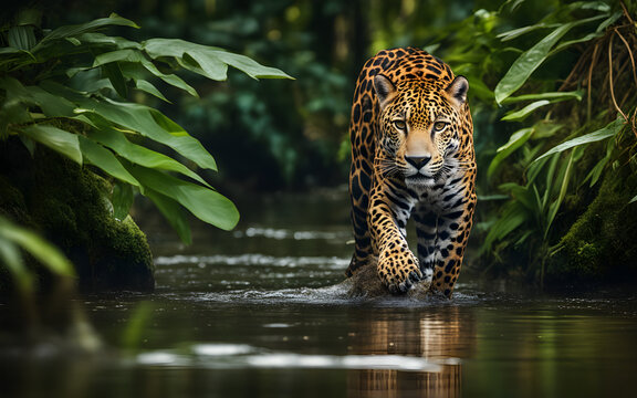 Jaguar lurking by a river in the Amazon rainforest