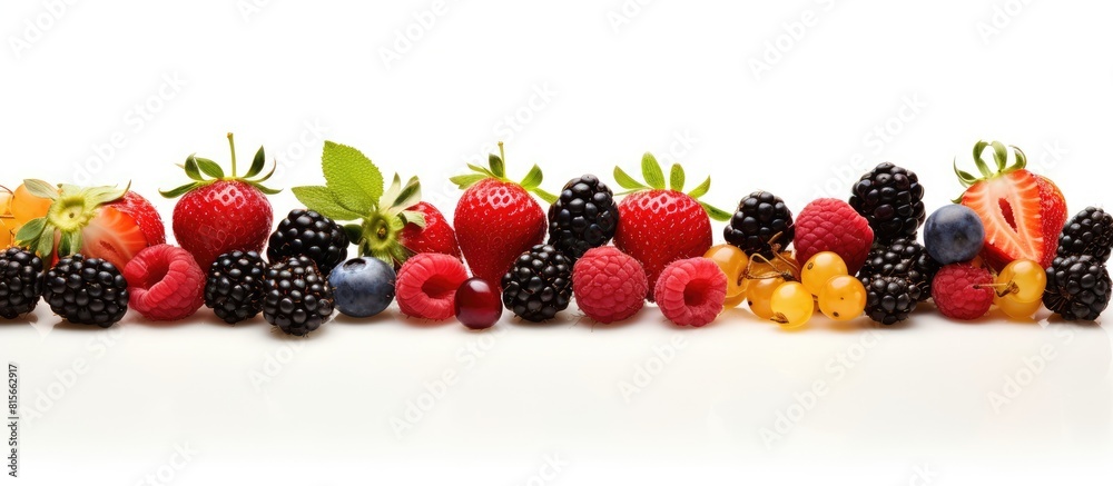 Poster Variety of ripe berries on a white background creating a copy space image