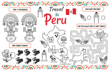 A fun placemat for kids. Printable “Travel to Peru” activity sheet with a labyrinth and find the differences. 17x11 inch printable vector file