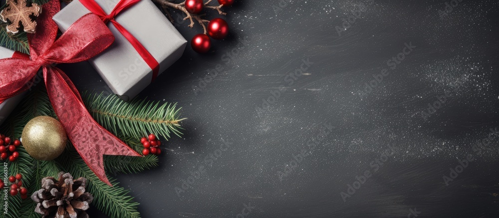 Poster christmas presents with red ribbon on gray background in a frame made of fir branches with star flat