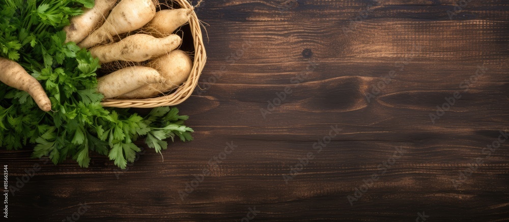 Poster Fresh ripe parsnips in wicker basket on wooden table top view Space for text. copy space available