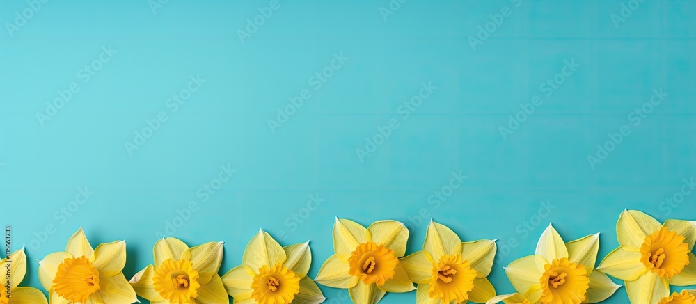 Poster A stunning array of vibrant yellow daffodils in full bloom set against a vibrant turquoise backdrop The flowers are captured up close allowing for a clear view of their beauty The image provides copy