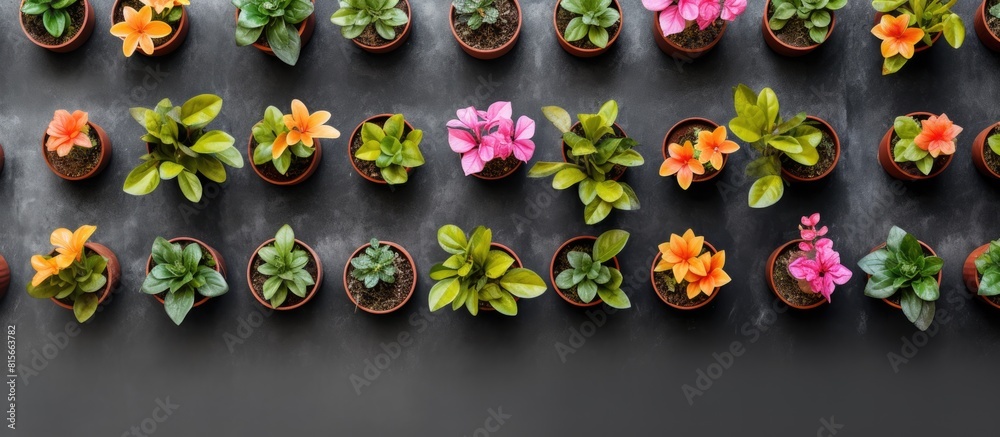 Poster beautiful flower pots and leaves arranged on a copy space cement background seen from a top view