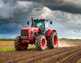 Obraz premium A powerful red tractor drives across a vast field under a dramatic stormy sky. Generated with AI