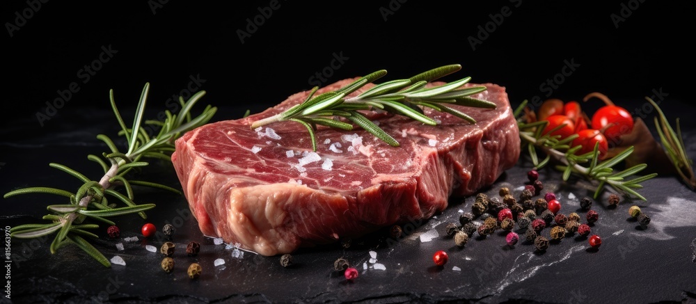Poster a raw steak on a dark background accompanied by fresh rosemary copy space is available for text