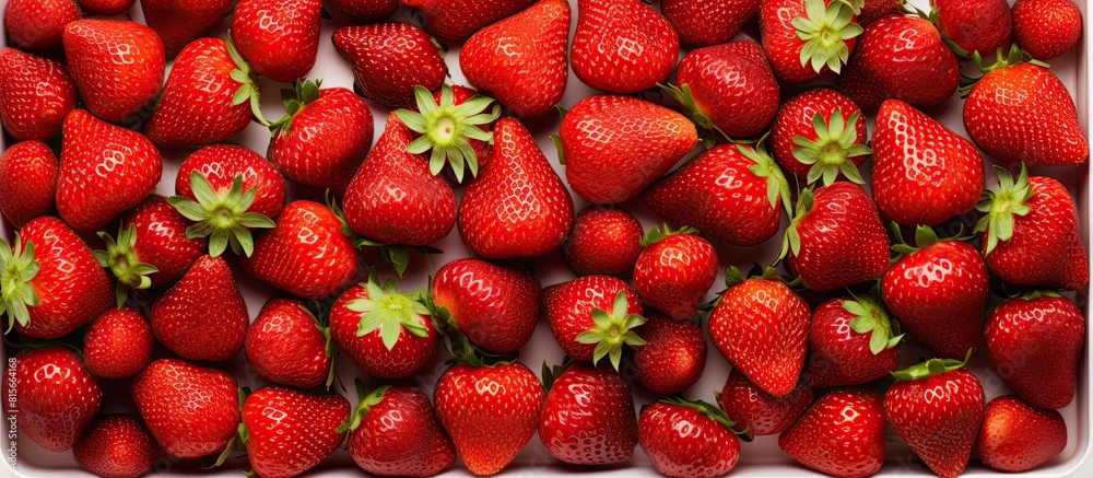 Aufkleber A close up top view of strawberries spread out on a white surface inside a recycled paper food container There is empty space available for text or objects in the image. copy space available