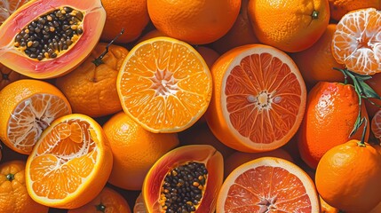 Oranges, Papayas, Mandarins Split in Half, Bold Orange Coloration