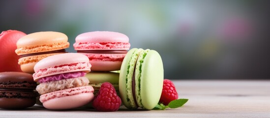 Homemade Fresh Colorful French macarons cake on natural concrete wooden background Food concept with copy space Horizontal image