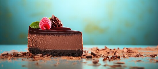 Tasty chocolate cheesecake on color background. copy space available