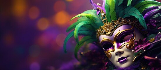 A festive Mardi Gras masquerade with a vibrant Venetian mask fan displayed against a striking purple background The aerial view reveals a joyful Mardi Gras background with ample copy space Celebratin