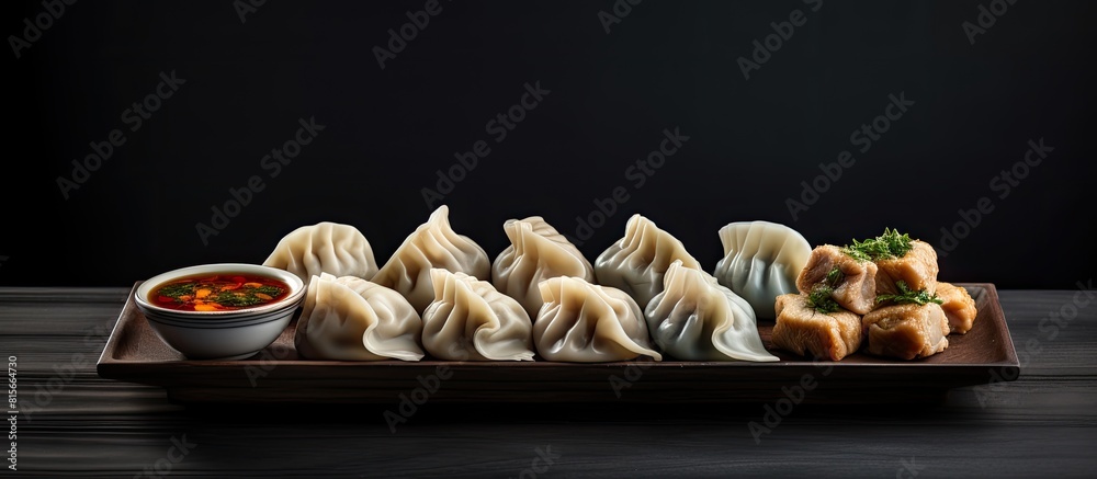 Poster a variety of dumplings representing the traditional asian cuisine displayed on a gray background wit