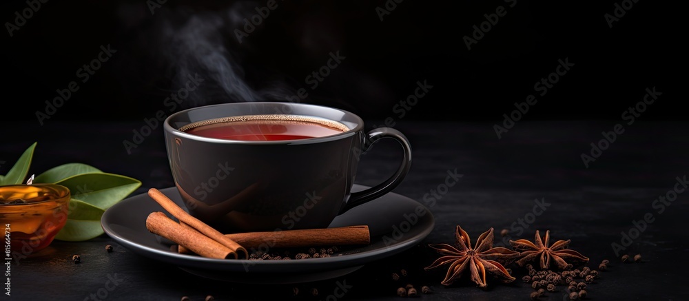 Aufkleber anise and cinnamon sticks with a cup of tea on a dark background. copy space available