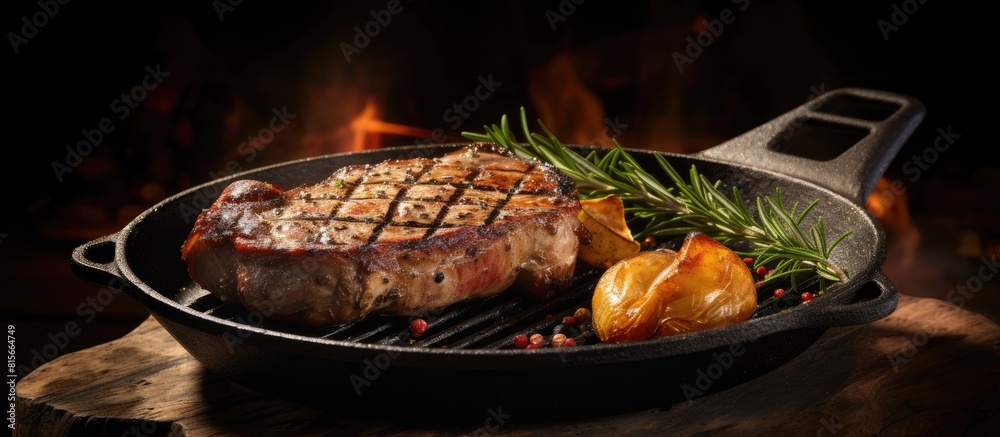 Poster a pork roast on the bone is sizzling on a cast iron grill pan seasoned with rosemary and spices agai