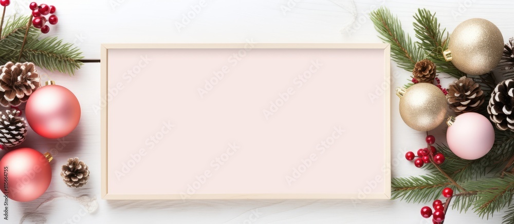 Poster christmas and new year composition mockup frame with blank copy space flat lay top view colorful fes