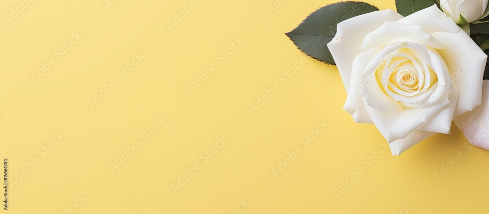 Poster fresh white rose and hearthshape frame with copy space on the summer sunny illuminating background creative summer background minimal flat lay