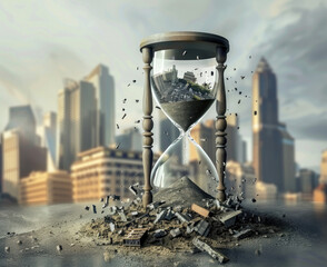 Dynamic hourglass with city ruins, symbolic of urban resilience and the race against time in disaster scenarios