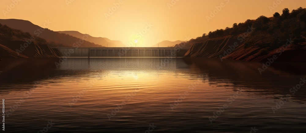 Wall mural Silhouette reflection of the sunset on a large dam. copy space available