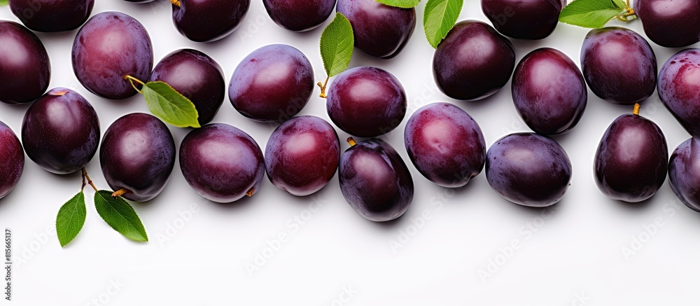 Poster plums isolated on a white background with copy space for your text Top view Flat lay pattern