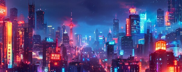 Fototapeta premium A cyberpunk metropolis teeming with life and energy, where bustling streets and towering skyscrapers are lit by the neon glow of advertising signs. illustration.
