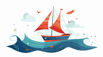 Ship with sails floating in sea or ocean. Fishing boat