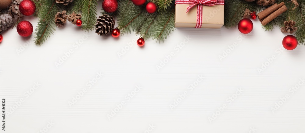 Aufkleber Christmas background with gifts fir branches cones and red baubles New Year frame with a copy space Top view flat lay