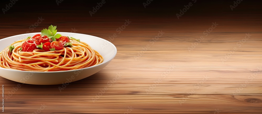 Poster spaghetti with tomato sauce in a white dish on wooden floor background and have copy space in concep