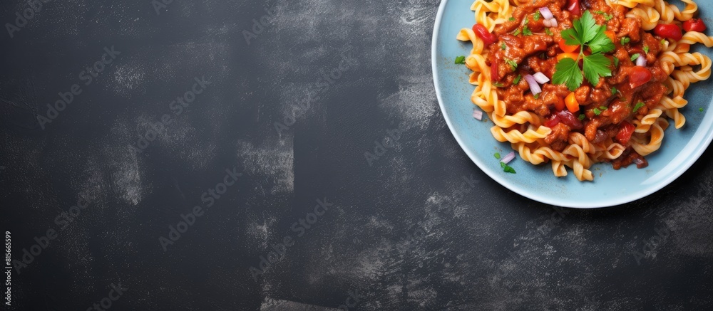 Poster stewed pasta with minced beef and vegetables macaroni in navy style on a plate grey concrete backgro
