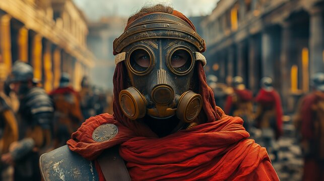 sci-fi, alternate history roman empire soldier in a red cloak and respirator gas mask. 